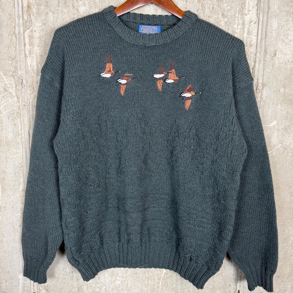 Pendleton Mens Vintage 100% Virgin Wool Embroidered Geese Sweater Green Large‎